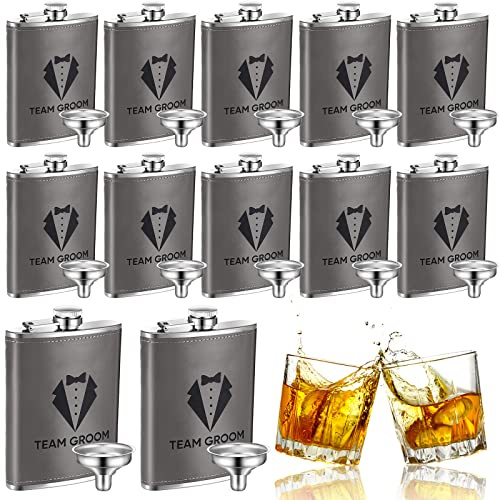 Rtteri Groomsman Flasks Set of 12 Personalized Groomsmen Gifts for Wedding, 8 oz Stainless Steel Leather Hip Flask Drinking Bachelor Groomsman Proposal Party Favors, Gray