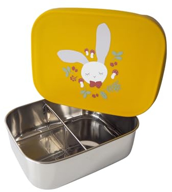 kikadu Brotdose Hase Senfgelb - Kindergeschirr, BPA-frei, 18/8 Edelstahl, mit niedlichen Aufdrucken, Maße 17x13x5,5cm