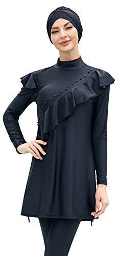 Odizli Burkini Damen Muslim Lang Große Größen Muslimische Badeanzug Islamische Arabische Langarm Rüschen Perle UV Shirt+Badehose+Badekappe Hijab 3tlg Modest Bademode Rashguard Schwimmanzug Schwarz M