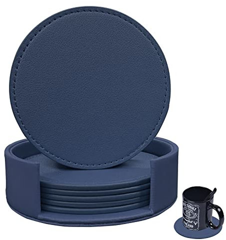 RICHSUM Sottobicchieri 6 Pezzi Ecopelle Morbida Rotondi Cucitura Intorno Adatti a Tazze e Tavoli di Legno Decorazione Casa 10 cm (Blu Scuro)