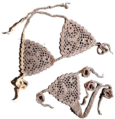 OLEETS Set Bikini all'Uncinetto per Donna - Estate Fatto A Mano Lavorato A Maglia Scava Fuori Tinta Unita 2 Pezzi Costume da Bagno Perizoma Sexy Costumi da Bagno Push Up Abiti di Moda,Khaki,L