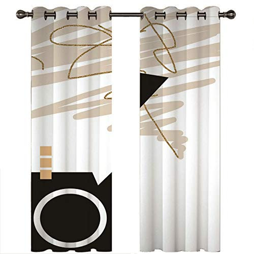Homxi Gardinen Blickdicht 2er Set,2 x 107W x 183H cm,Blickdichter Vorhang Weiß Schwarz Gold Abstrakte Malerei Ösen Vorhange