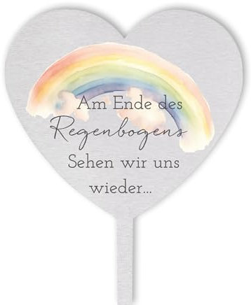 Dolorino Grabstecker Edelstahl Herz mit Spruch | Am Ende des Regenbogens sehen wir uns wieder | Grabschmuck | eine wetterfeste Erinnerung aus Edelstahl | 28cm