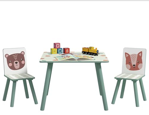 ZONEKIZ Mesa y Sillas Infantiles de 3 Piezas con 2 Sillas Verde y Blanco