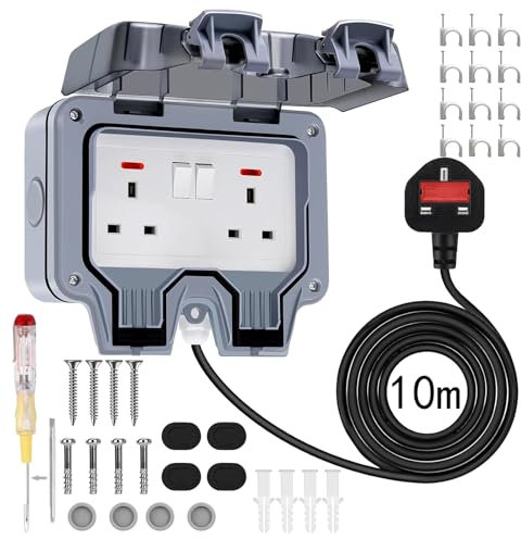 Drezesov 6M Double Outdoor Socket Waterproof Socket with 6M Waterproof Extension Lead IP66 Wall Electrical Outlets Plug 13Amp 2 Gang Switched Power Socket Cover Weatherproof Wall Plug Socket Box