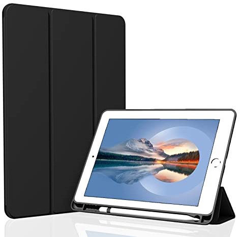 Figair Hülle für iPad 5./6. Generation 9,7 Zoll (2017/2018), Schwarz | ultradünne leichte Smart Schutzhülle mit weicher TPU Rückseite, Auto-Schlaf-/Weckfunktion und Stifthalter