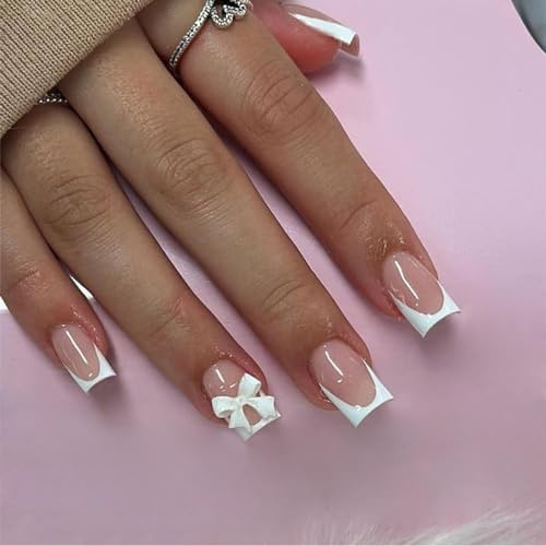 Goiern 24Pcs Pink Press on Nails Short Square Fake Nails White French Tip Full Cover Glue on Nails Solid Color Glossy Nude Pink Designs Cute False Nails