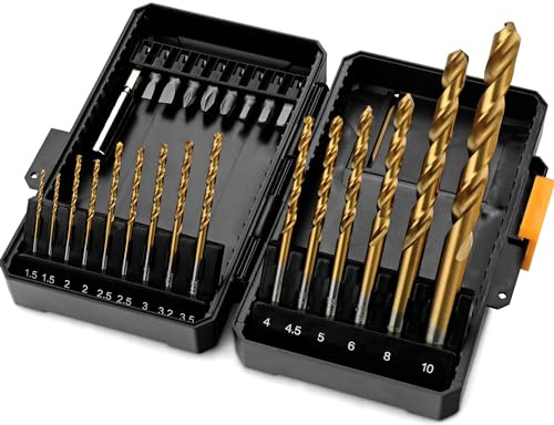 Hi-Spec HSS Metal Drill Bits & 1/4 Inch Screwdriver Bit Set for Repairs | Fast assembly jobs, cord-free control, compact case storage, 24pc included, wood metal masonry accessories, easy to store
