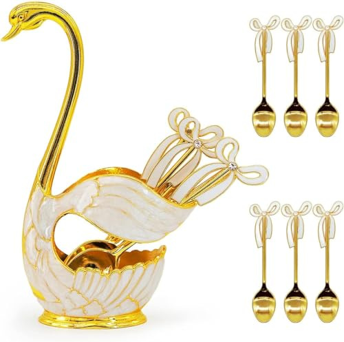 6-teilige Kaffeelöffel Besteck, Dessert Löffel Set mit dekorativen Swan Bottom Holder, Edelstahl Teelöffel Schwanenform Löffel Set für Kaffee/Dessert/Eislöffel/Kuchen (Goldweiß)