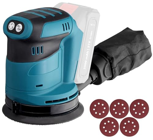 AMTOVL Levigatrice Rotanda Orbitale 3 Livelli Regolabile Levigatrice Professionale per Levigare Cerare Lucidare Legno Metallo Vernice Con 5PZ 125mm Dischi Abrasivi Orbit sander Batteria NON Inclusa