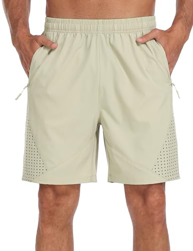 MoFiz Sportshorts för män lätta löparshorts korta byxor snabbtorkande löparshorts sommar shorts med fickor, A- Kaki, M