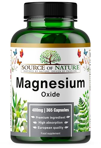 Magnesiumoxid 665 mg | 400 mg Elementärt Magnesium | 365 Veganska Kapslar | Högdoserad | Årsförbrukning | Source of Nature