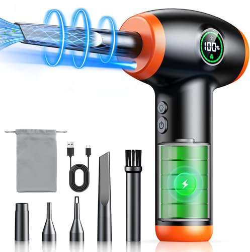 ISEYOU Staubgebläse, 90000 U/min Air Duster mit LED-Display, Beleuchtung, 3 Geschwindigkeiten, Elektrische Druckluft Stark, ausgestattet mit 5 Reinigungsaufsätzen für PC, Tastatur, Auto, Sofa