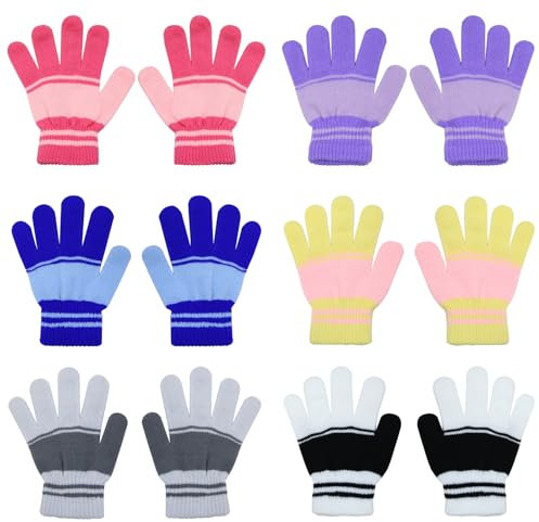 QKURT 6 Paar magische Handschuhe für Kinder, Winter-Strickhandschuhe, Thermo-Kinderhandschuhe, dehnbare Vollfingerhandschuhe, bunt gestreifte Handschuhe, Geburtstags- und Weihnachtshandschuhe