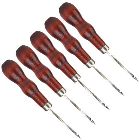 Leather Sewing Kit Leather Sewing Awl 5PCS Wooden Handle Awl Hole Punch Sewing Stitching Awl Tool Shoe Repair Crochet Hook Sewing Tailors Awl for Clothing and Paper Craft
