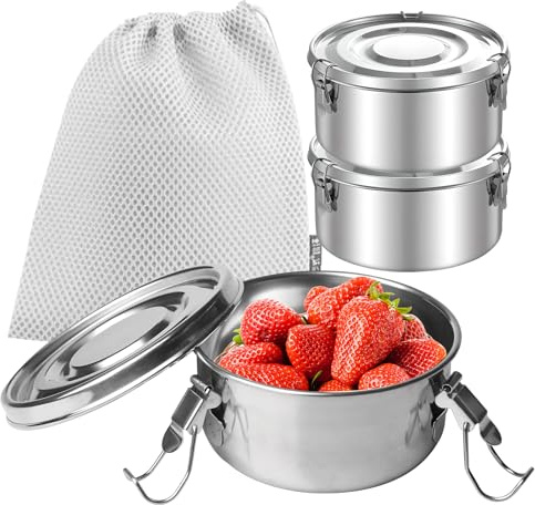 Brotdose Edelstahl,3 Stück 360 Ml Edelstahl Dose Mit Kordelzugtaschen,Edelstahls Behälter Mit Deckel,Frischhaltedosen Edelstahl,Lunchbox Edelstahl Rund Für Camping Ausflüge,Mittagessen,Suppen,Salate