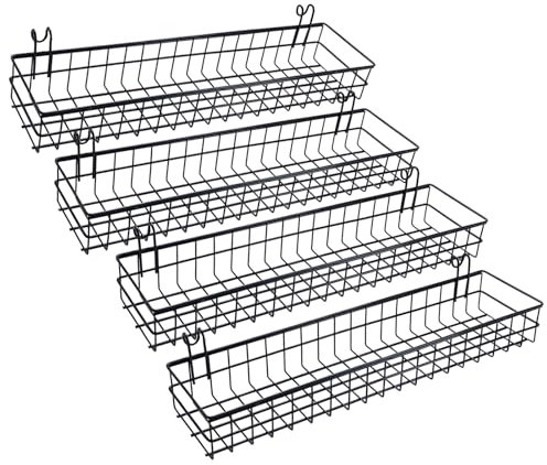 Yaegoo 4 Pcs Metal Grid Wall Baskets with Hooks, Metal Wire Hanging Basket for Home Kitchen, L 15.75 x W 3.94 x H 1.97 Inch, Black