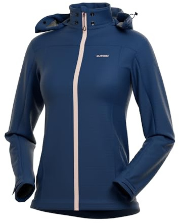 KUTOOK Chaqueta Softshell Ciclismo para Mujer Invierno Impermeable Cortavientos Chaqueta con Capucha Forro Polar para SenderismoTrekking Montaña Escalada Azul-L