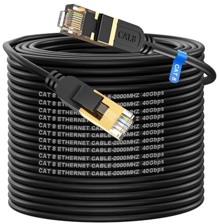 Cat 8 Câble Ethernet 40m, Cable RJ45 Cat 8 Super Débit 40Gbps 2000MHz Double Blindage Compatible avec Routeur Switch Modem Décodeur TV Box Internet PS5 PS4 Xbox Console de Jeux PC