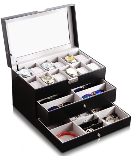 Jiytivity 3 Tier Leather Watch Organiser 12 Slot Watch Display Case 6 Slot Sunglasses Storage Jewellery Box with Large Glass Lid for Men Women Earrings Rings Bracelets Giftsc
