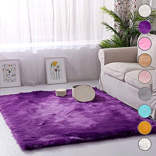 Tappeto moderno e soffice viola per camera dei bambini, 140 x 180 cm, a pelo alto, lavabile, con retro in gomma, per bagno e veranda all'aperto