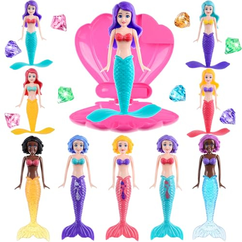dollbie 10pcs Tauchen Meerjungfrau Prinzessin Puppen mit Shell Schwimmbad Zubehör und 8pcs Diamanten Set Kids Pool Spielzeug, Party Supplies & Wasser Spielzeug für Kinder