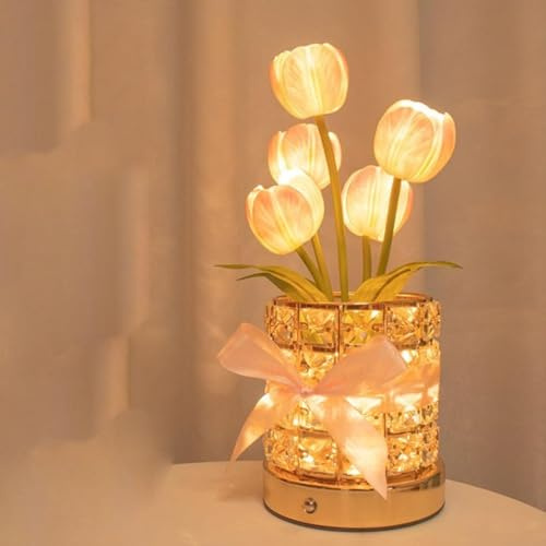 Sherum Tulip Bloom Light, Tulpen-Kristallblumenlampe, Simulation Tulpe LED Tischlichter, 3-Farben dimmbares LED Touch Nachtlicht mit USB Aufladung, Tulpen Lampe für Schlafzimmer, Wohnzimmer (Rosa)