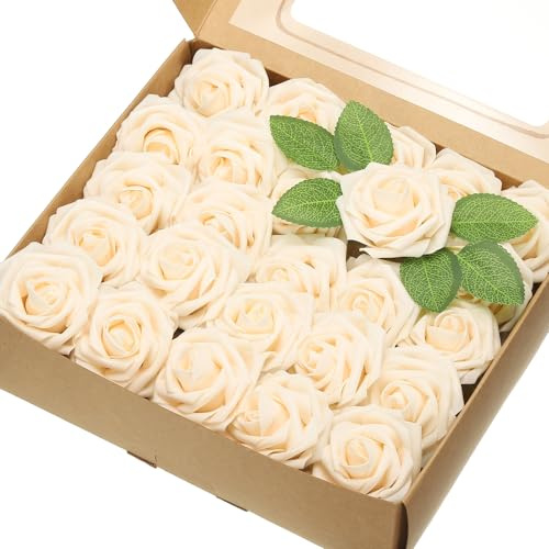 sourcing map 50Pcs Fake Roses with Stems, 3.15 Inch Foam Roses Artificial Flowers for DIY Craft Wedding Bouquets and Party Decoration(Champagne)