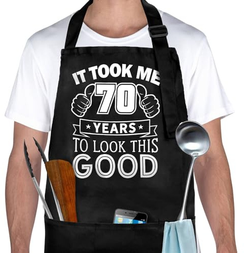 GADITIEK 70th Birthday Gifts For Men Women, Black Apron With 3 Pockets, Funny 70th Birthday Gift Ideas, Adjustable Bbq Apron For Men Women, Waterproof Kitchen Apron For Grilling, Cooking