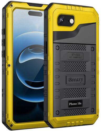 Beeasy for iPhone 16e 17e Case Waterproof Heavy Duty Metal Armour Cover Shockproof Dustproof Built-in Screen Protector, Robust Full Body Protective Military Case for iPhone 16e 17e, Black