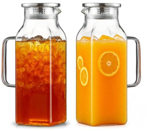 Lot de 2 pichets en verre borosilicate 2 L – Carafe carrée résistante à la chaleur avec couvercle, poignée et bec verseur | Pour thé glacé, café, lait, jus et boissons froides/chaudes (compatible avec