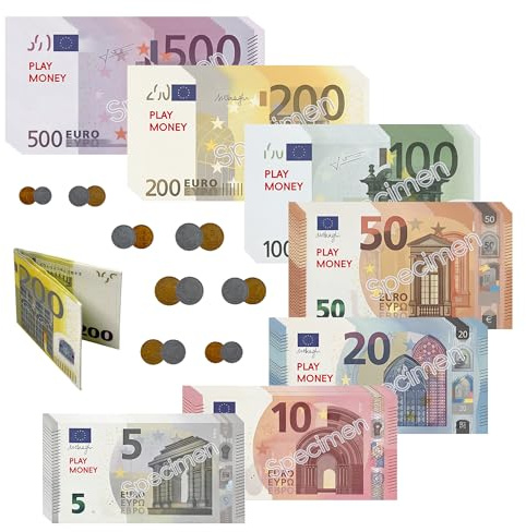 245 Banconote false dimensioni originali(7 denominazioni) e 32 Monete di plastica(16 Tipi) e portafoglio con design di 200 euro, per registratore di cassa giocattoli scuole Eventi Monete Giocattolo