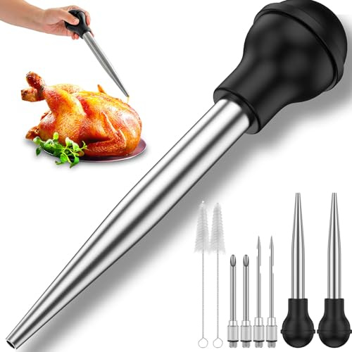 Turkey Baster Syringe for Cooking,Stainless Steel Long Turkey Baster,Including Meat Injector Needle and Cleaning Brush,Kitchen Gadget for Oiling and Marinating Chicken Beef Fish Meat (2 Sets)