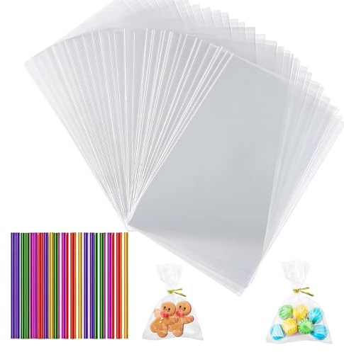 100 Stück Cellophantüten, Plätzchentüten mit 100 Verpackungsseile, 10 x 15 CM Geschenktüten, Taschen Mitgebsel Beutel, Kekstüten für Geschenktüten Weihnachten Schokolade Keks
