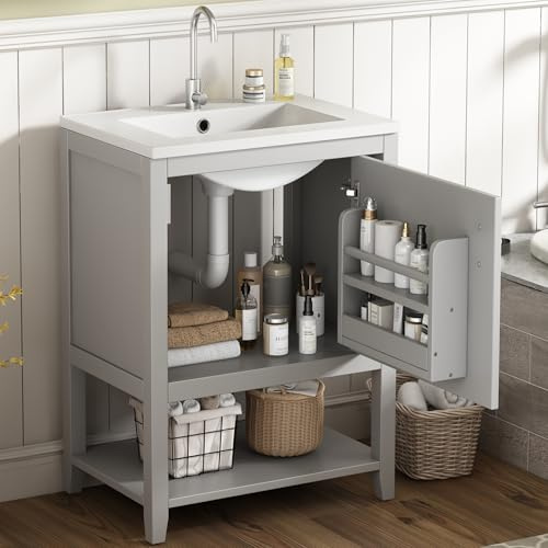 VIVCA Mobile da bagno singolo, 60 cm, con lavabo in ceramica, con ripiano, grigio chiaro.