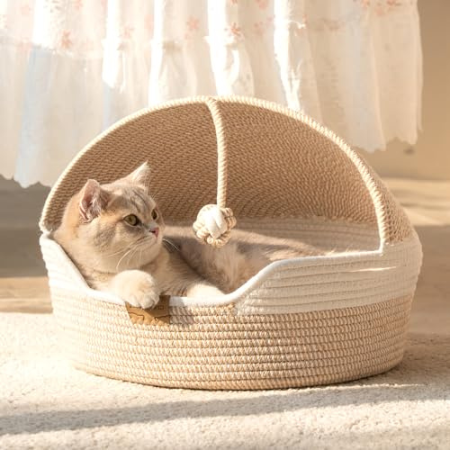 CheerPals Katzenbett Geflochten & Katzenhöhle mit Deckel, Beige/Blau | Formstabiler Katzenkorb aus Kratzfestem Garn, 2-in-1 Kuschelhöhle, Waschbares Kissen, Für Versteck & Schlaf, 44x44x33cm