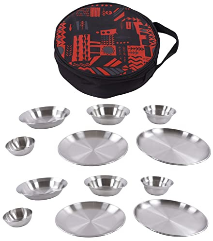 Ensemble de Vaisselle de Camping en Acier Inoxydable, 12 pièces, kit Complet pour Le campement avec Sac de Rangement, Assiettes et Bols réutilisables pour l'extérieur, idéal pour l