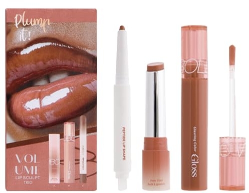 Ensemble Combo Lèvres Domality 3PCS, Crayon Lèvres Mat Marron, Gloss à Lèvres Teinté Repulpant, Baume à Lèvres Nourrissant, Fini Naturel Brillant, Kit de Maquillage Contour des Lèvres pour Femmes