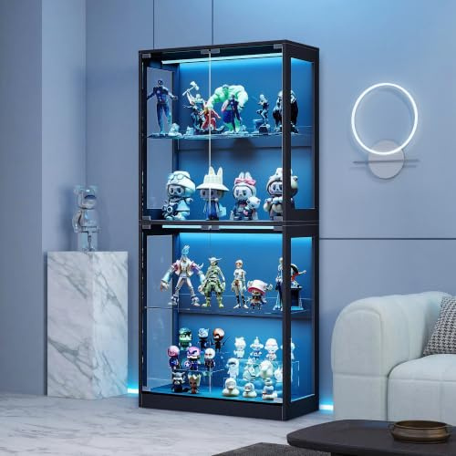LUXOAK Glass Display Cabinets with Acrylic Frame,70 Extra Tall Display Case with APP Control and 7 Color Lights, Suitable for Figures, Models & Collectibles, Easy Assembly,Black