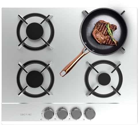 Cecotec Placa de Gas 4 Fuegos Bolero Squad GN 4200S Inox. 8kW, Preparada para Gas Natural, Acero Inoxidable, Parrillas Individuales de Hierro Fundido, Quemador Wok Triple Corona, Encendido Eléctrico
