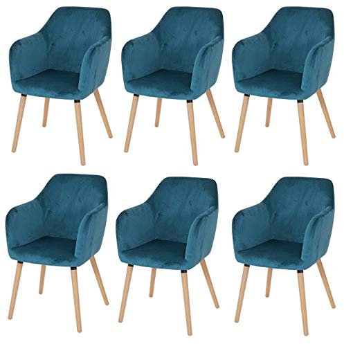 Mendler 6er-Set Esszimmerstuhl Malmö T381, Stuhl Küchenstuhl, Retro 50er Jahre Design - Samt, Petrol-blau, helle Beine
