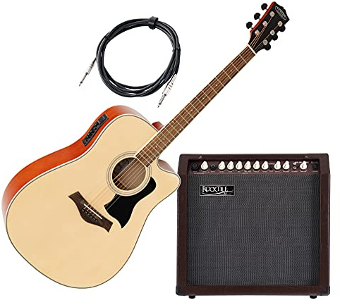 Classic Cantabile WS-20 NT Songwriter Pro Set - Westerngitarre mit Tonabnehmer natur - 2-Kanal Akustikverstärker mit 30 Watt - Kabel