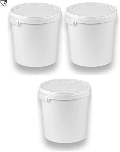 3 x 30 Liter Eimer mit Deckel, Weiß, stapelbar, lebensmittelecht, 3 Stück | Kunststoffeimer, Milch-/Vorratseimer, Honigeimer, Lebensmittelbehälter, Leereimer für Mehl, Wassereimer, Lebensmittelfreigabe