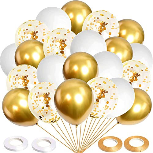 MIHUA Lot de 60 ballons dorés métallisés à confettis dorés et blancs pour mariage, anniversaire, remise de diplôme, douche nuptiale, fête prénatale, décoration de fête (doré)