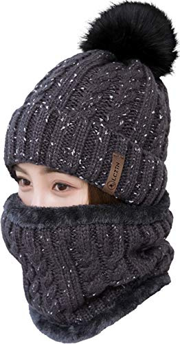 Womens Pom Beanie Hat Scarf Set Girls Winter Ski Hat Slouchy Knit Cap with Fleece Lined (Grey)
