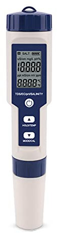 Meichoon 5 in 1 TDS/EC/PH/Salinity/Temperature Meter Digital Water Quality Monitor Tester for Hydroponics/Aquariums/Pools/Drinking Water DH12