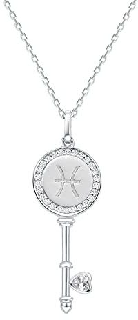 Presentski Sternzeichen Sternbild Anhänger Halskette Damen: 925 Sterling Silber Sternbilder Halsketten Platin Überzogen Horoskop Kette Astrologie Schlüsselform Herz Zirkonia Halskette, 45-50 cm Länge