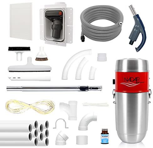 Pack Retraflex l'Aspirateur Qui Sort du Mur Complet à Monter Soi-Même avec Aspiration Centralisée NADAIR 600 Airwatts 32L, Flexible, Brosses et Accessoires (9 ML) Aluminium et Rouge PCKR-02