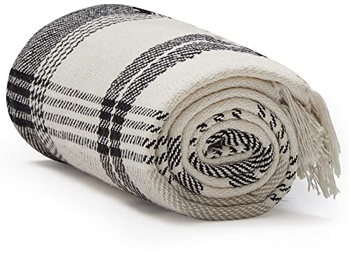 Americanflat 50x60 Throw Blanket - Soft and Breathable Cotton Throw Blanket for Couch, Bed, Chair - Decorative Blankets Perfect for Home, Office, or Outdoor Use - Black and Beige Plaid Design