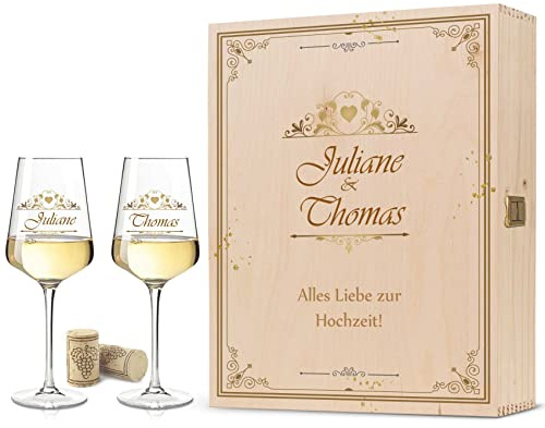 GRAVURZEILE Leonardo Weinglas mit UV-Druck - Vintage Wedding - Personalisiert mit Namen - Geschenk zur Hochzeit, Verlobung & Jahrestag für Brautpaar - Farbe Große Kiste UV